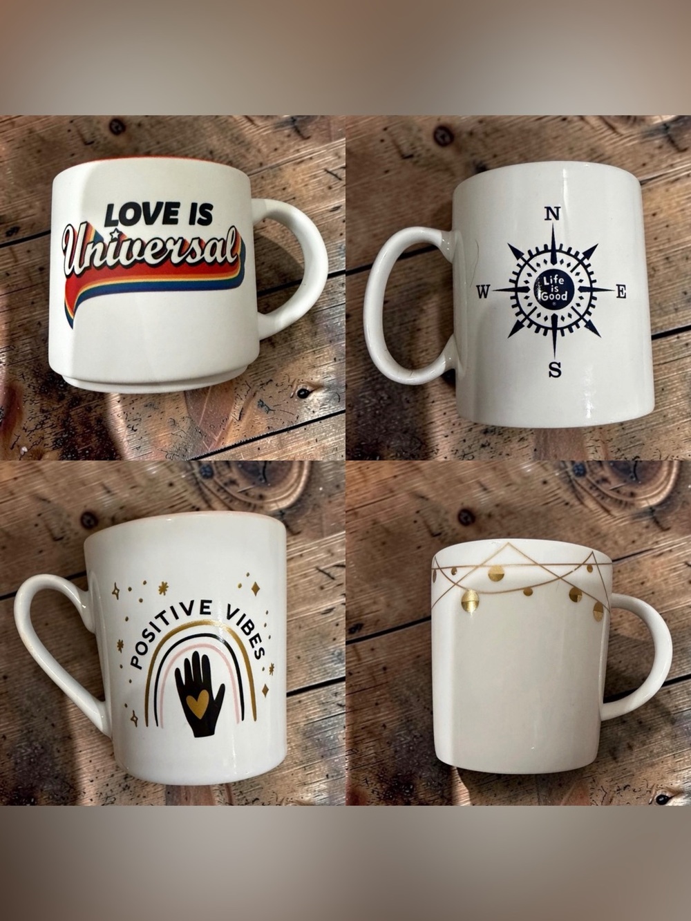 Positive Vibes Mug Lot of 4 Life is Good Love Is Universal Rainbow Gold Coffee